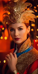 an elegant woman wearing golden and red dress with feathers on her head