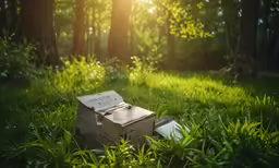 a beehive sitting on grass in the woods
