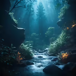 a stream in the middle of an evergreen forest at night