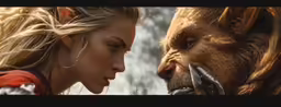 a woman with long blonde hair standing next to a demonic looking character