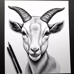 the head of a goat with long horns and a pencil