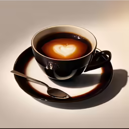 cup of coffee with heart decoration in saucer with spoon