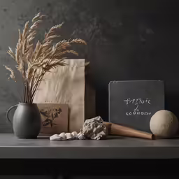 there is a vase, two bags and some other items on a table