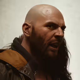 a bald man with long hair and beard wearing jacket