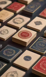 several colored cards and their corresponding names are laid out on a black table