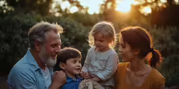 family with three children and their mother smiling while they laugh