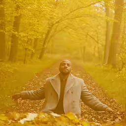 a man standing in the middle of a road surrounded by leaves