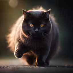 the black cat is running very fast down the sidewalk