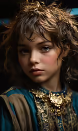 a close up of a person with a curly hairdo and necklace