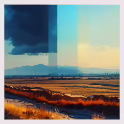 a photo is shown of brown fields and blue sky,a photo of the landscape with different shades of blue