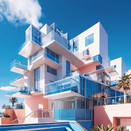 a large building with many balconies next to a pool