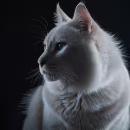 a white cat with long tail sitting down