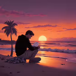 man sitting in the sand and looking down at something,man sitting on the beach at dusk reading a book