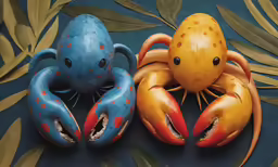 two small clay crabs in front of green leaves
