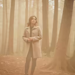 a woman in a grey coat and blue jeans standing near a tree in the middle of the forest