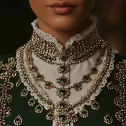 a model wearing an elaborate neck piece