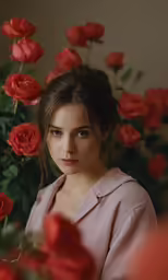 woman staring into camera next to large group of red roses