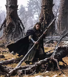 a man in armor holds a stick with the tree roots around him