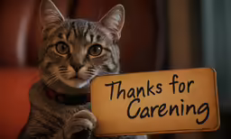 a cat holding a sign that reads thanks for attending