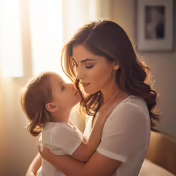 a woman and her daughter are sitting on a bed