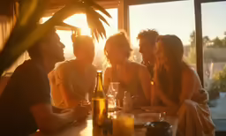 four people sitting at a table talking together