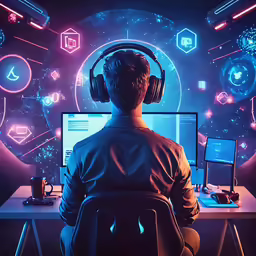 a person wearing headphones sitting in front of a computer screen