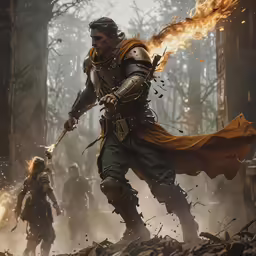 a man with long hair and a brown cloak walks through a forest in front of fire while holding a sword