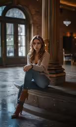 a woman in jeans sitting on a bench in an empty building