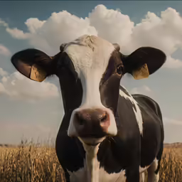 a black and white cow standing in a field