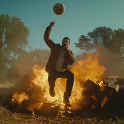 a man playing with a soccer ball in front of a bunch of fire