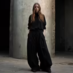 a woman stands with one hand in her pocket in front of an empty concrete wall