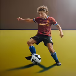 a painting of a young person kicking a soccer ball