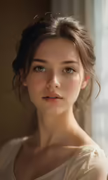 an attractive young woman is posed with a hand on her chest