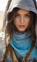 a woman with long brown hair wearing a hood