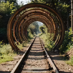 a long train track runs between trees and bushes