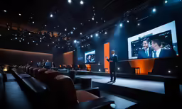 a man standing on stage as an audience looks on