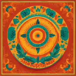 a bright and colorful picture with leaves in the middle,an image of an ornate, circular sun