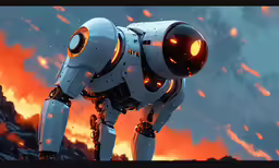 a futuristic robot with glowing eyes stands near the fire