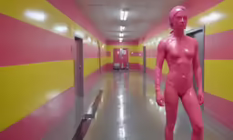 a person in a long hallway with pink and yellow walls