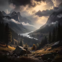 the mountain landscape is shown with low clouds