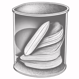 a pencil drawing of a can with a spoon and some food in it