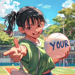 a woman holding a ball in her hand on a tennis court,an anime style girl pointing with both thumbs up