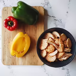 vegetables including peppers are on a cutting board