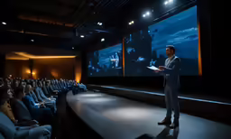 man stands in front of screen during presentation