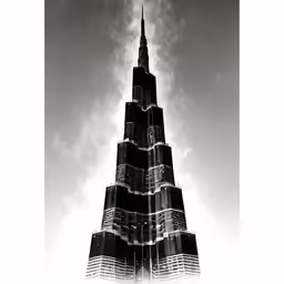 black and white image of a tall building with a sky background