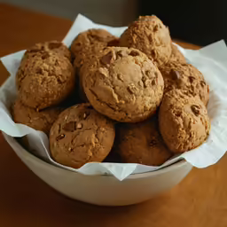 a white bowl full of chocolate chip cookies