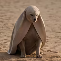 a dog sitting down under a blanket on the beach