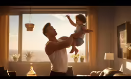 man in white shirt holding baby up and looking at windows