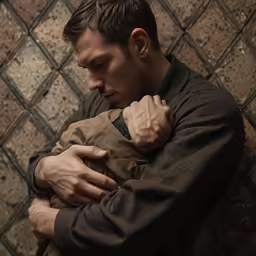 man in jacket and tie holding small baby