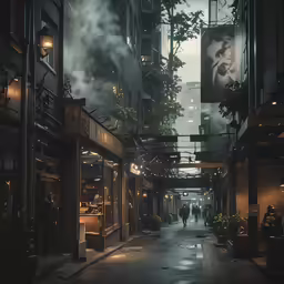 a street is dimly lit with neon lights